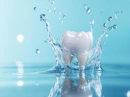 Splashing water around a white tooth in a serene blue setting photo