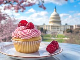 Cupcake with raspberry frosting near Capitol building in spring photo
