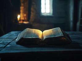 Old book resting on a wooden table illuminated by candlelight photo