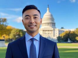 Professional man poses outside the US Capitol building on a sunny day photo