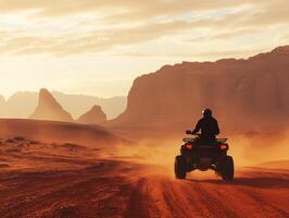 Adventurous ride through desert landscape at sunset hour photo