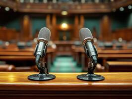Microphones positioned for discussion in a legislative chamber photo