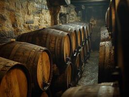 Wooden barrels stored in a rustic cellar during the evening photo