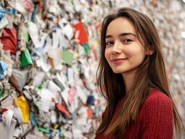 Young woman smiles in front of eco-friendly recycling artwork display photo