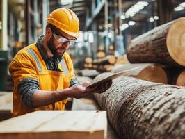 Worker inspects wooden planks in a busy lumber mill environment photo