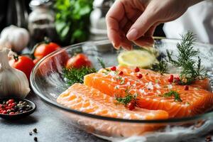 Salmon preparation with fresh herbs and spices in a cozy kitchen photo