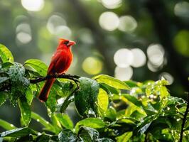 Bright red bird perched on a branch amidst lush greenery photo