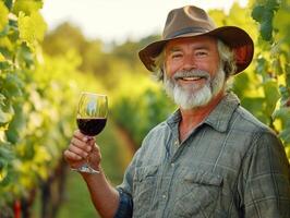 Smiling man enjoying red wine in vineyard during sunset photo