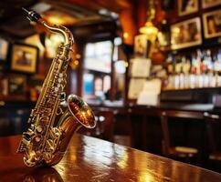 Elegant saxophone placed on wooden table in a cozy bar setting photo