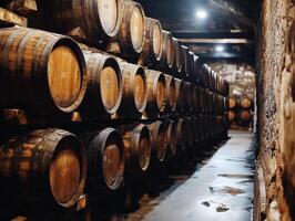 Rows of aged wooden barrels in a dimly lit wine cellar photo