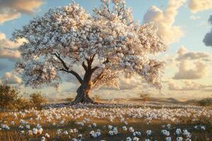 Cotton tree in full bloom under a vibrant sky at sunset photo