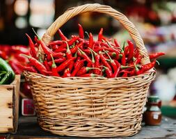 Vibrant red chilies in a woven basket at a local market photo