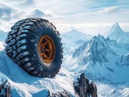 Mountain landscape features large off-road tire on snowy peak photo