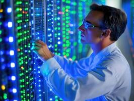 Technician configuring servers in a modern data center at night photo