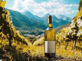 Vineyard landscape with wine bottle under clear sky photo