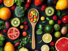 Fresh fruits and vegetables with supplements on a dark background photo