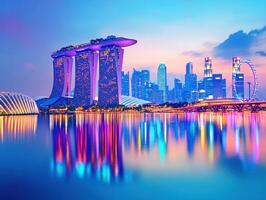 Singapore skyline view at twilight with vibrant reflections photo