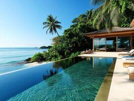 Luxurious coastal villa with stunning infinity pool and palm trees photo