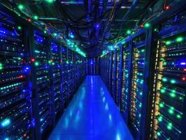 Data center illuminated with colorful LED lights at night photo