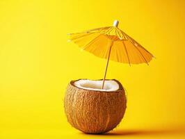 Coconut drink with yellow umbrella on a bright backdrop photo