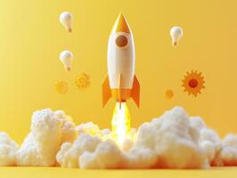 Rocket launching amidst colorful clouds and floating light bulbs photo