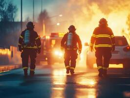 Firefighters responding to blaze in urban area during dusk photo