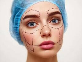 Facial contouring preparation with marked lines on skin photo