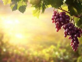 Grapes hanging under warm sunlight in a vineyard at sunset photo