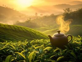 Sunrise over tea plantation with steaming teapot in the foreground photo
