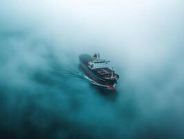 Container ship navigating through foggy waters at dawn photo