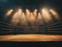 Empty boxing ring illuminated by spotlight in a dark arena photo