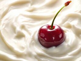 Cherry nestled in creamy dessert topping at a summer gathering photo