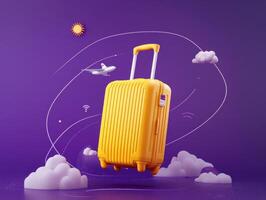 Bright yellow suitcase floating against purple background with clouds photo