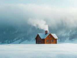 Cozy log cabin surrounded by snow in a winter landscape photo