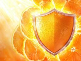 Vibrant shield design overlaid on citrus fruit freshness photo