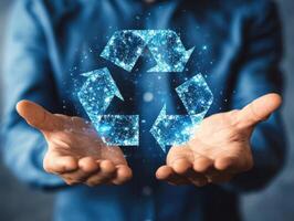 Hands with a glowing recycling symbol for eco-friendly practices photo