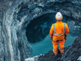 Miner inspects deep pit in an active quarry at dusk photo