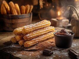 Churros served with chocolate sauce in a rustic setting photo