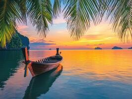 Sunset over calm waters with a traditional boat and palm trees photo