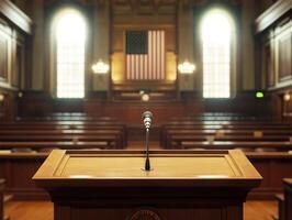 Courtroom with podium and American flag in the background photo