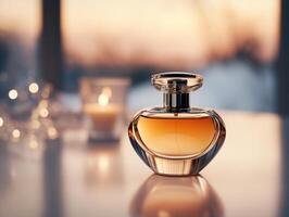 Elegant perfume bottle with warm sunset glow in background photo