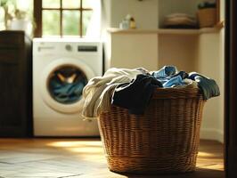 Laundry basket overflowing with clothes in a bright room photo
