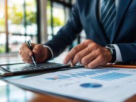 Business professional analyzing financial reports in modern office photo