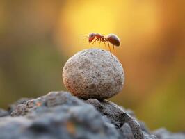 Ant carrying a stone during sunset in a natural setting photo