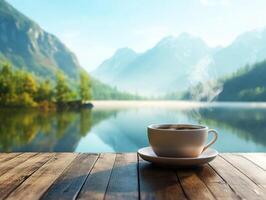 Enjoying coffee with a mountain view by the serene lake photo