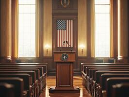 Presidential podium set for an important address in a court setting photo
