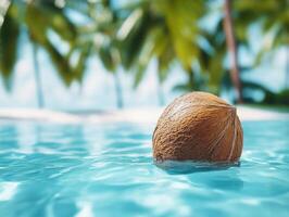 Coconut floating in clear turquoise water under tropical palms photo