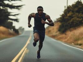 Runner sprinting along a winding road in a scenic landscape photo