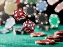 Rolling dice and colorful chips create a lively gaming atmosphere photo