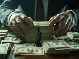 Businessman counting cash at a desk in an office setting photo